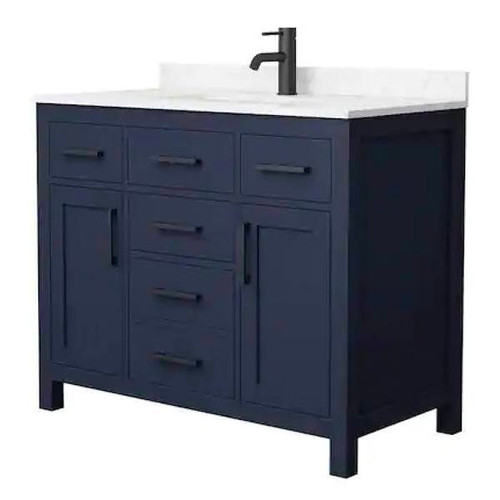 Wyndham Beckett 42" Dark Blue Single Vanity, Carrara Marble Top, Black Trim
