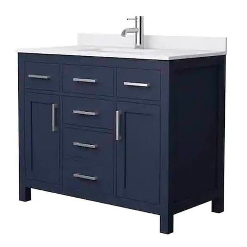 Wyndham Beckett 42" Dark Blue Single Vanity, White Marble Top, Nickel Trim