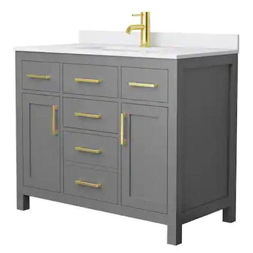 Wyndham Beckett 42" Dark Gray Single Vanity, White Marble Top, Gold Trim