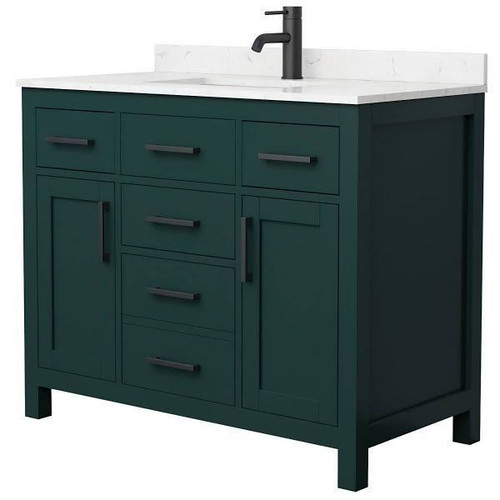 Wyndham Beckett 42" Green Single Vanity, Carrara Marble Top, Black Trim