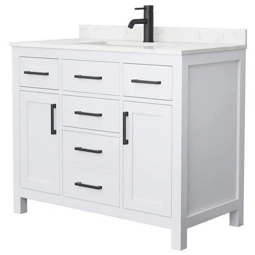 Wyndham Beckett 42" White Single Vanity, Carrara Marble Top, Black Trim