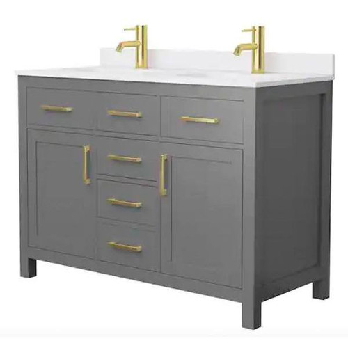 Wyndham Beckett 48" Dark Gray Double Vanity, White Marble Top, Gold Trim
