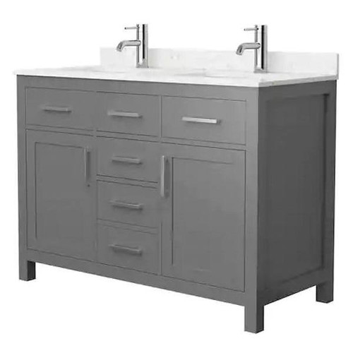 Wyndham Beckett 48" Dark Gray Double Vanity, Carrara Marble Top, Nickel Trim