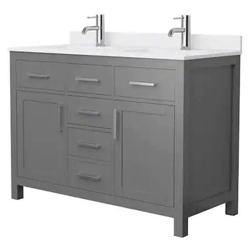 Wyndham Beckett 48" Dark Gray Double Vanity, White Marble Top, Nickel Trim