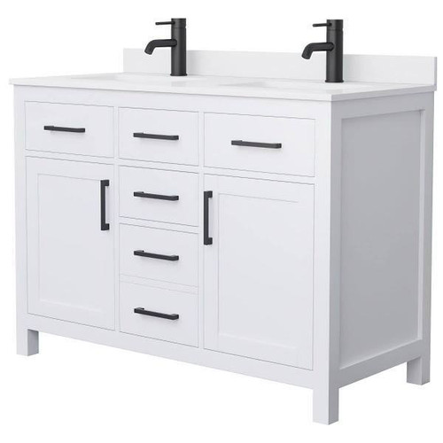Wyndham Beckett 48" White Double Vanity, White Marble Top, Black Trim