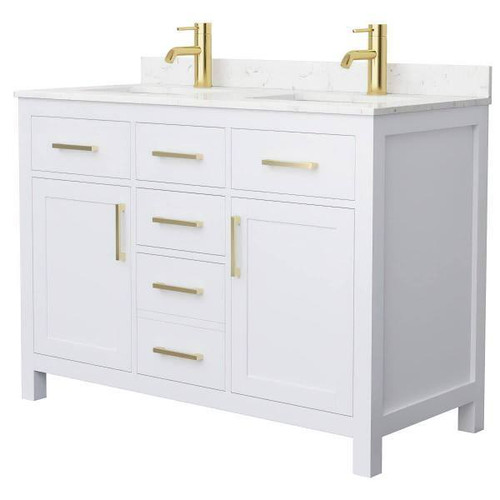 Wyndham Beckett 48" White Double Vanity, Carrara Marble Top, Gold Trim
