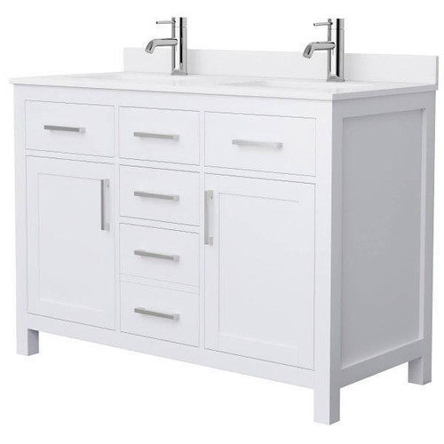 Wyndham Beckett 48" White Double Vanity, White Marble Top, Nickel Trim