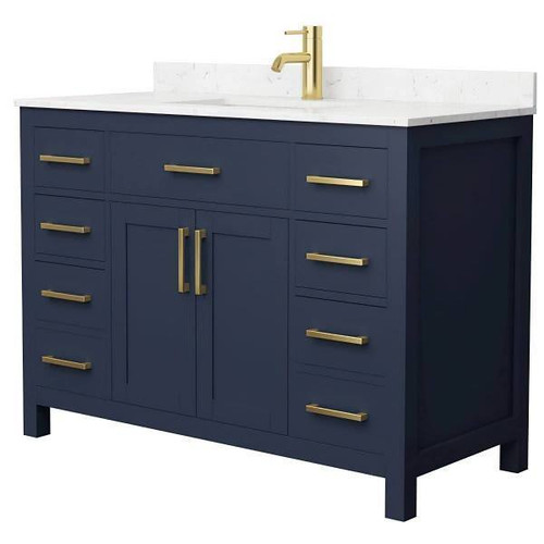 Wyndham Beckett 48" Dark Blue Single Vanity, Carrara Marble Top, Gold Trim