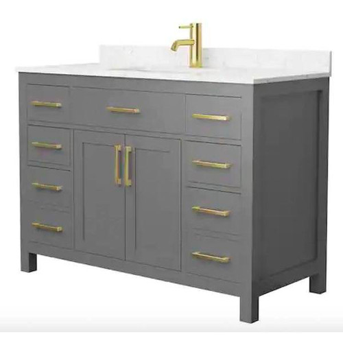 Wyndham Beckett 48" Dark Gray Single Vanity, Carrara Marble Top, Gold Trim