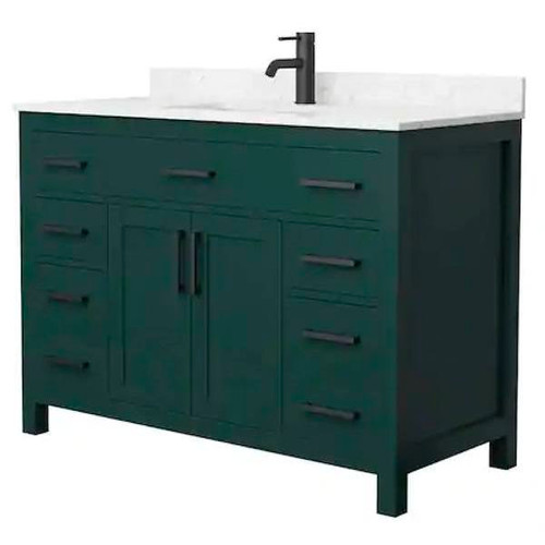 Wyndham Beckett 48" Green Single Vanity, Carrara Marble Top, Black Trim