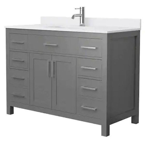 Wyndham Beckett 48" Dark Gray Single Vanity, White Marble Top, Nickel Trim