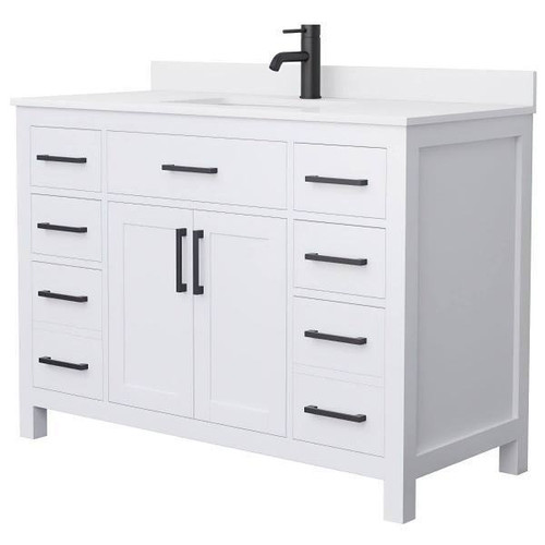 Wyndham Beckett 48" White Single Vanity, White Marble Top, Black Trim