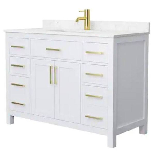 Wyndham Beckett 48" White Single Vanity, Carrara Marble Top, Gold Trim