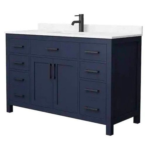 Wyndham Beckett 54" Dark Blue Single Vanity, Carrara Marble Top, Black Trim