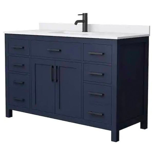Wyndham Beckett 54" Dark Blue Single Vanity, White Marble Top, Black Trim