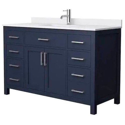 Wyndham Beckett 54" Dark Blue Single Vanity, White Marble Top, Nickel Trim