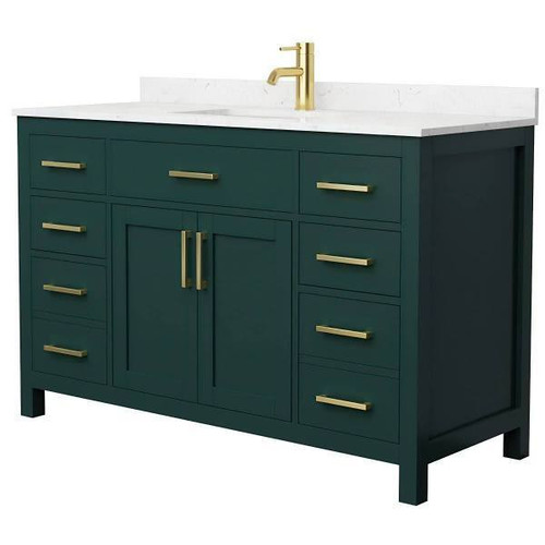 Wyndham Beckett 54" Green Single Vanity, Carrara Marble Top, Gold Trim