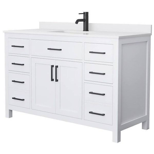 Wyndham Beckett 54" White Single Vanity, White Marble Top, Black Trim