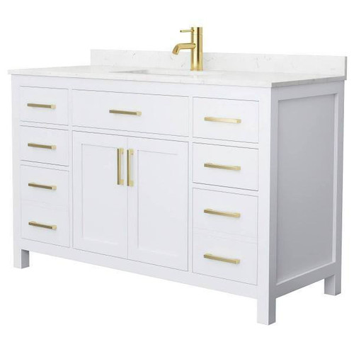 Wyndham Beckett 54" White Single Vanity, Carrara Marble Top, Gold Trim