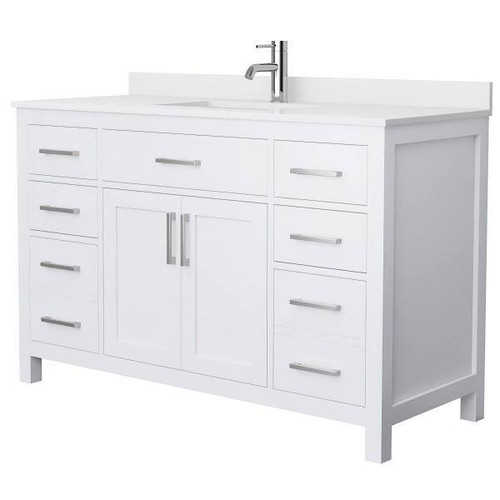 Wyndham Beckett 54" White Single Vanity, White Marble Top