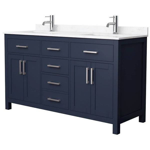 Wyndham Beckett 60" Dark Blue Double Vanity, Carrara Marble Top, Nickel Trim
