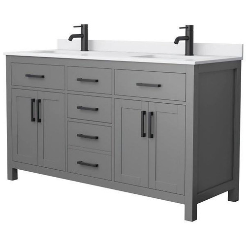 Wyndham Beckett 60" Dark Gray Double Vanity, White Marble Top, Black Trim