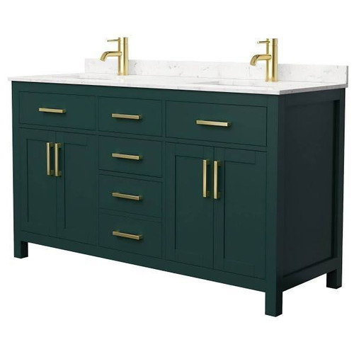Wyndham Beckett 60" Green Double Vanity, Carrara Marble Top, Gold Trim
