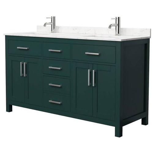 Wyndham Beckett 60" Green Double Vanity, Carrara Marble Top, Nickel Trim