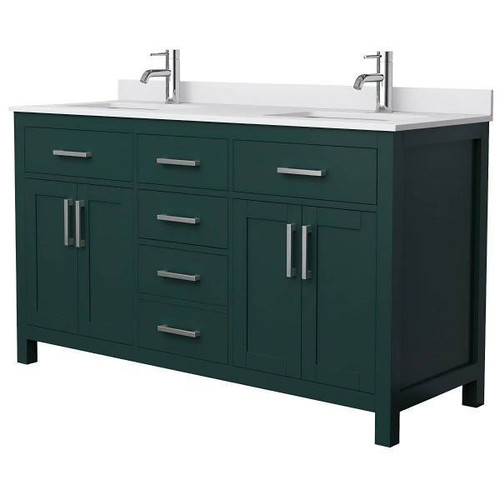 Wyndham Beckett 60" Green Double Vanity, White Marble Top, Nickel Trim