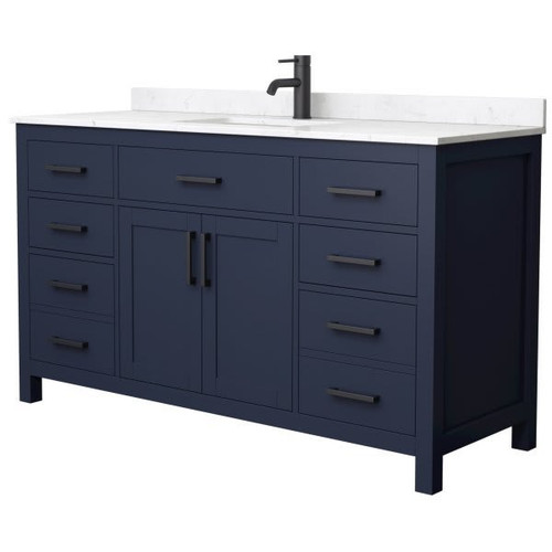 Wyndham Beckett 60" Dark Blue Single Vanity, Carrara Marble Top, Black Trim