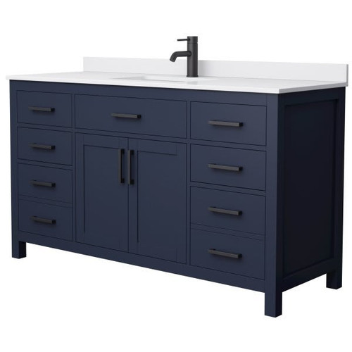 Wyndham Beckett 60" Dark Blue Single Vanity, White Marble Top, Black Trim
