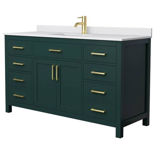 Wyndham Beckett 60" Green Single Vanity, White Marble Top, Gold Trim