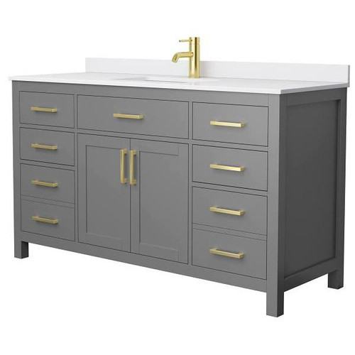 Wyndham Beckett 60" Dark Gray Single Vanity, White Marble Top, Gold Trim