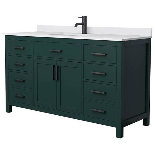 Wyndham Beckett 60" Green Single Vanity, White Marble Top, Black Trim