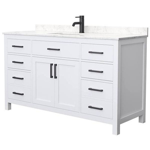 Wyndham Beckett 60" White Single Vanity, Carrara Marble Top, Black Trim