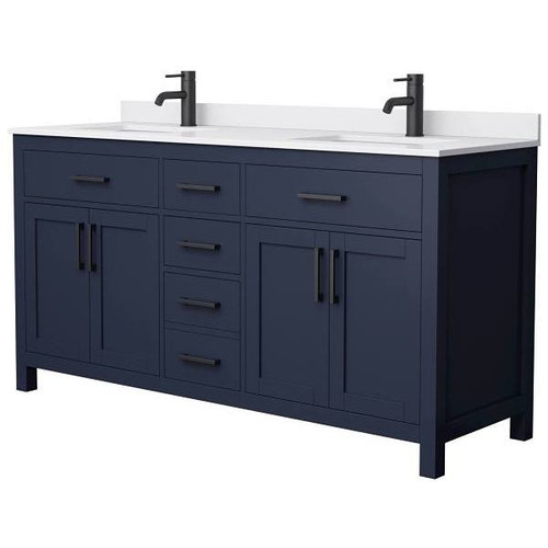 Wyndham Beckett 66" Dark Blue Double Vanity, White Marble Top, Black Trim