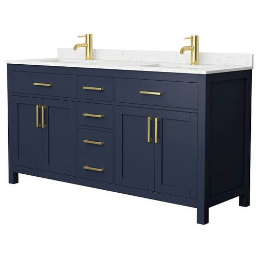 Wyndham Beckett 66" Dark Blue Double Vanity, Carrara Marble Top