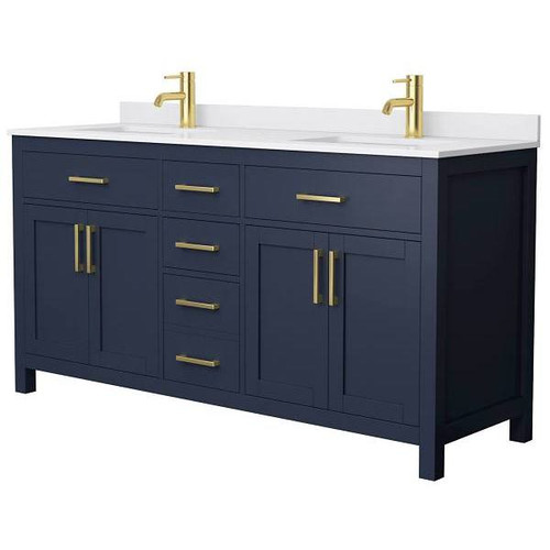 Wyndham Beckett 66" Dark Blue Double Vanity, White Marble Top