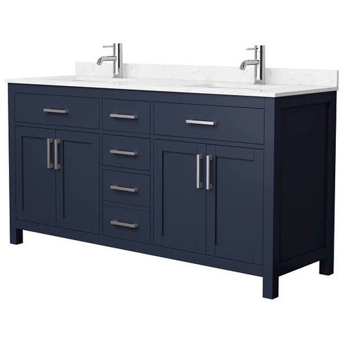 Wyndham Beckett 66" Dark Blue Double Vanity, Carrara Marble Top, Nickel Trim