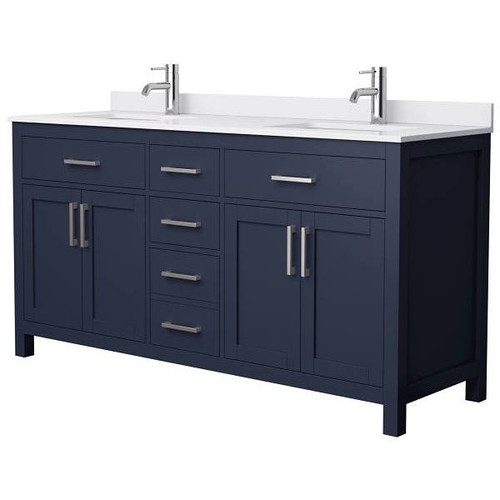 Wyndham Beckett 66" Dark Blue Double Vanity, White Marble Top, Nickel Trim
