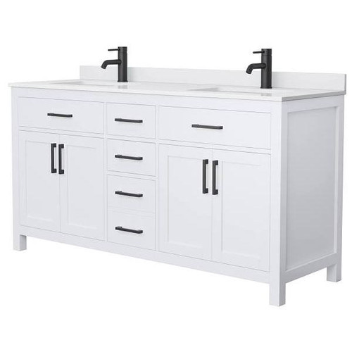 Wyndham Beckett 66" White Double Vanity, White Marble Top, Black Trim
