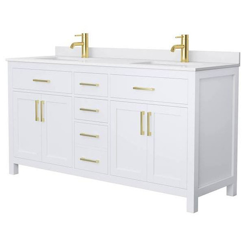 Wyndham Beckett 66" White Double Vanity, White Marble Top, Gold Trim