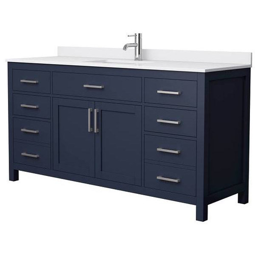 Wyndham Beckett 66" Dark Blue Single Vanity, White Marble Top, Nickel Trim