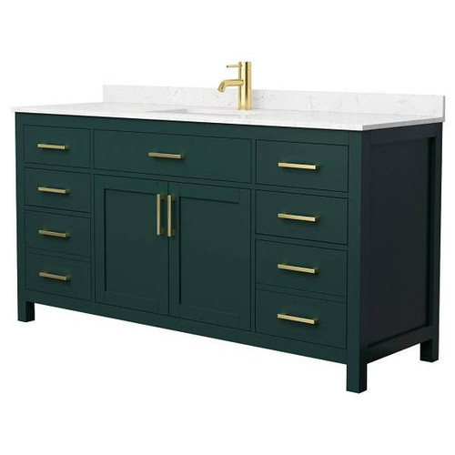 Wyndham Beckett 66" Green Single Vanity, Carrara Marble Top, Gold Trim