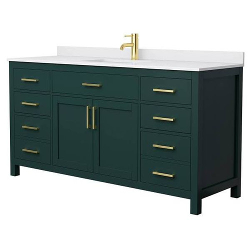 Wyndham Beckett 66" Green Single Vanity, White Marble Top, Gold Trim