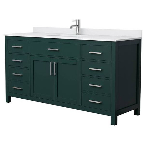Wyndham Beckett 66" Green Single Vanity, White Marble Top, Nickel Trim