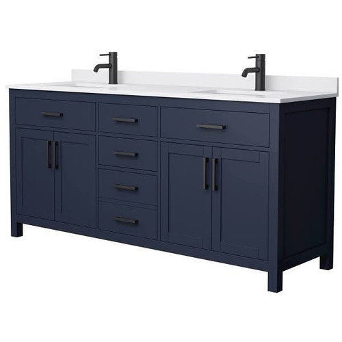 Wyndham Beckett 72" Dark Blue Double Vanity, White Marble Top, Black Trim