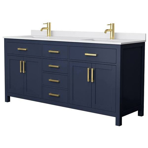 Wyndham Beckett 72" Dark Blue Double Vanity, White Marble Top