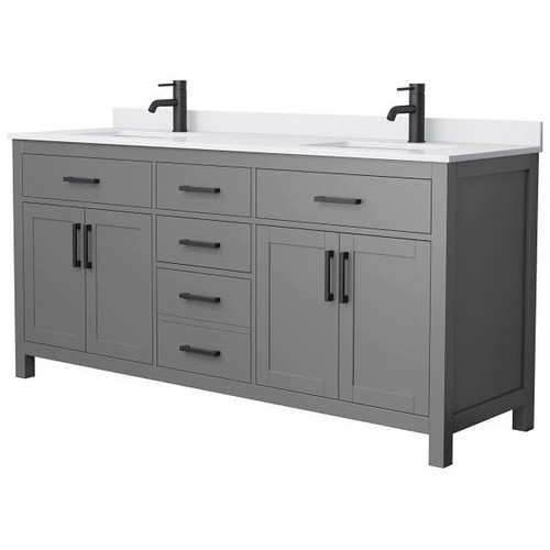 Wyndham Beckett 72" Dark Gray Double Vanity, White Marble Top, Black Trim