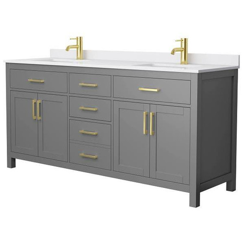 Wyndham Beckett 72" Dark Gray Double Vanity, White Marble Top, Gold Trim